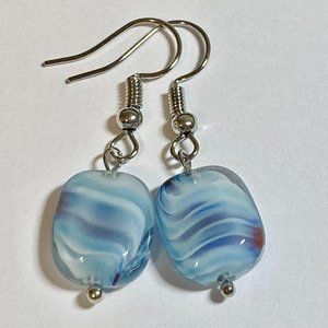Murano Art Glass Swirl Bead Earrings Rectangle Blue White Silver Plated HandMade